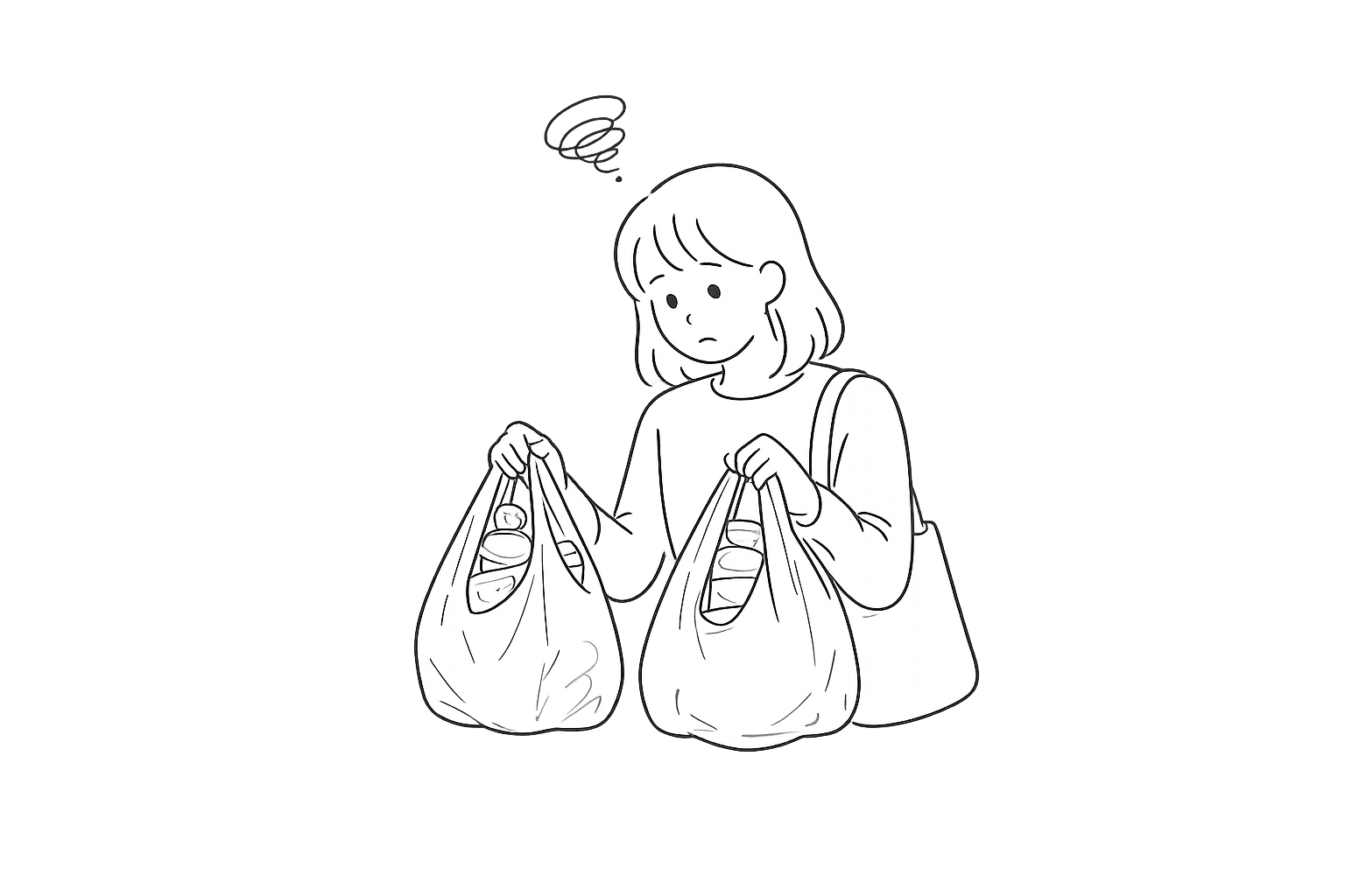 買い物袋をたくさん持って困っている女性